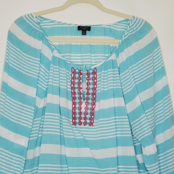 Talbots Woman Beaded Striped Top Size 2X Blue White Cotton Boho Popover Coastal - Picture 2 of 12